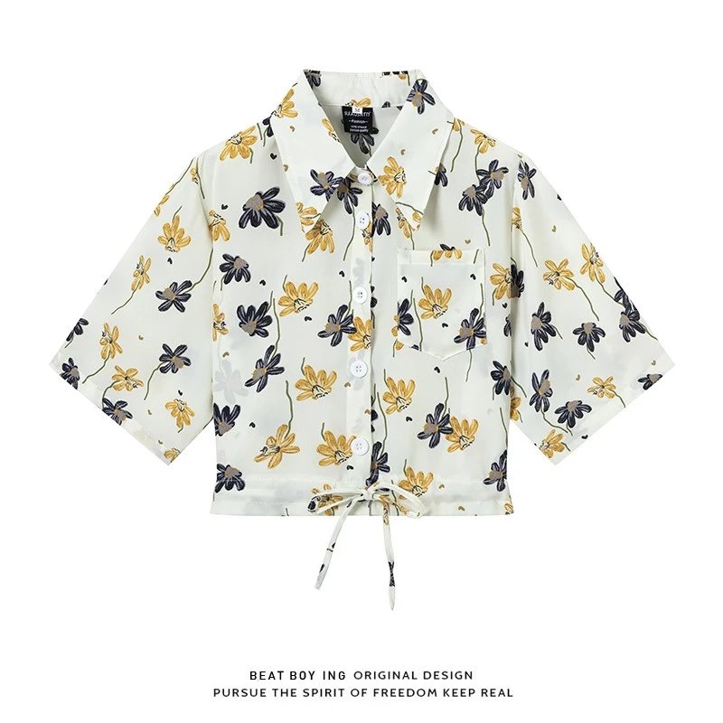 Design Beat Boy Ing Floral Print Cropped Shirt White Tops Shirt - 30
