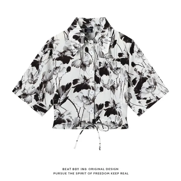 Design Beat Boy Ing Floral Print Cropped Shirt Beige Tops Shirt - 33