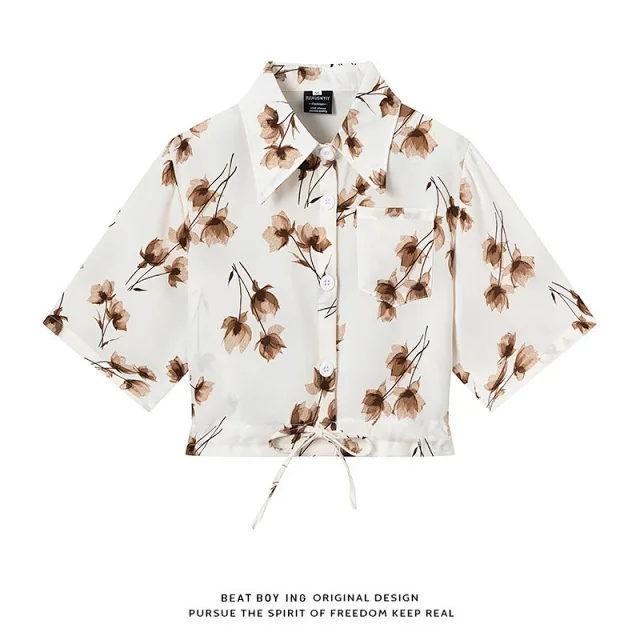 Unbranded Shirts Floral Print Short-Sleeve Drawstring-Hem Shirt product detail image 34