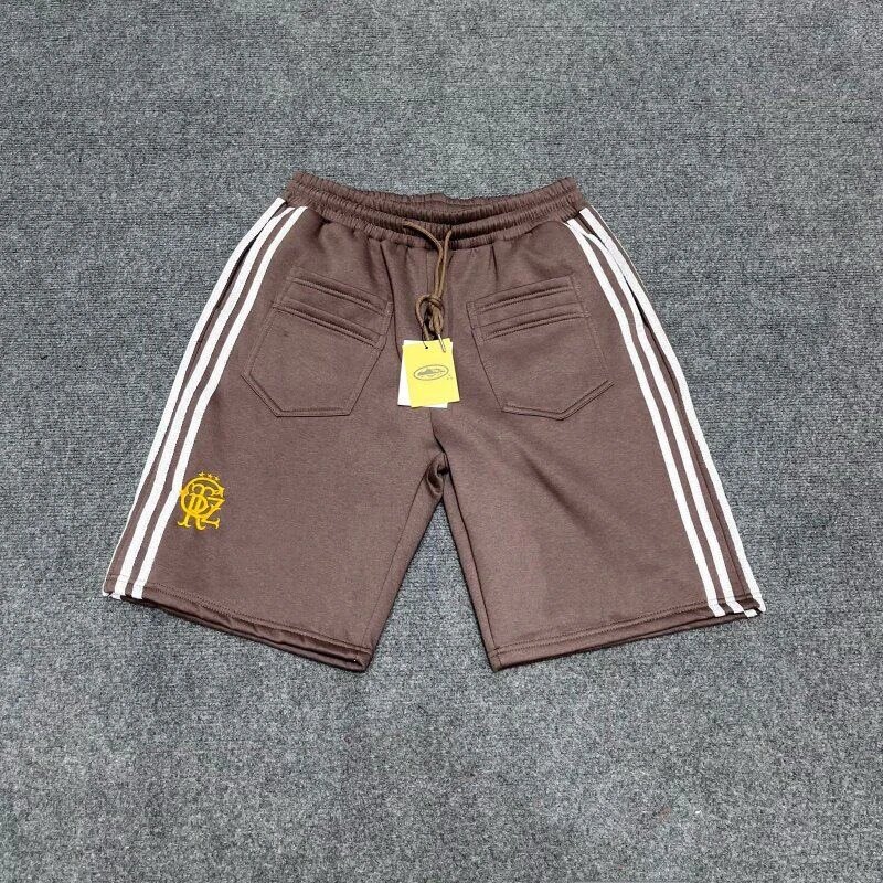 Corteiz Shorts Three-Stripe Embroidered Logo Fleece — Khaki with fleece lining
