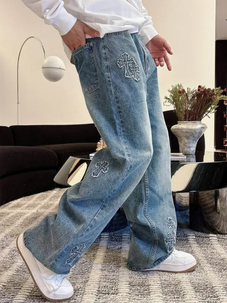 Chrome Hearts Cross Embroidered Distressed Wide-Leg Jeans Blue - 4