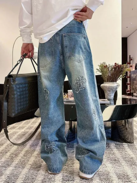 Chrome Hearts Cross Embroidered Distressed Wide-Leg Jeans Blue - 11