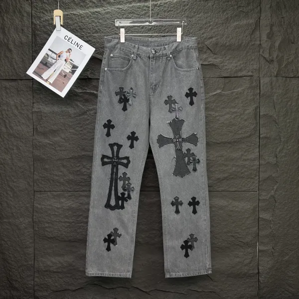 Chrome Hearts Cross-Embroidered Distressed Gray Jeans - 4