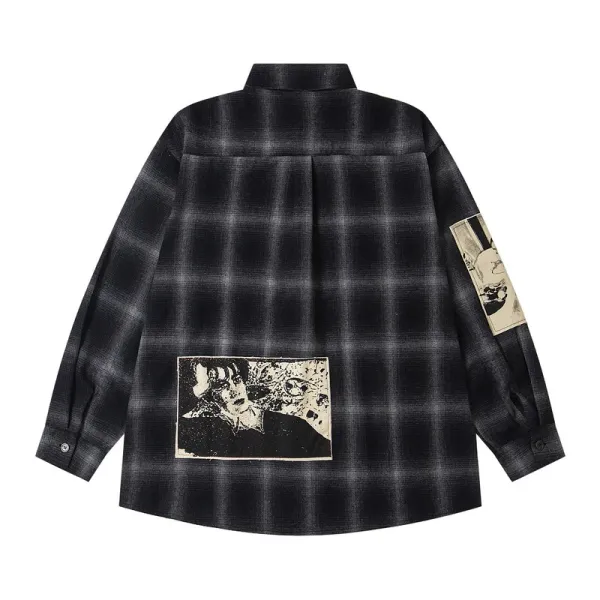 Design Plaid Shirt with Graphic Patches Black / Gray - 5