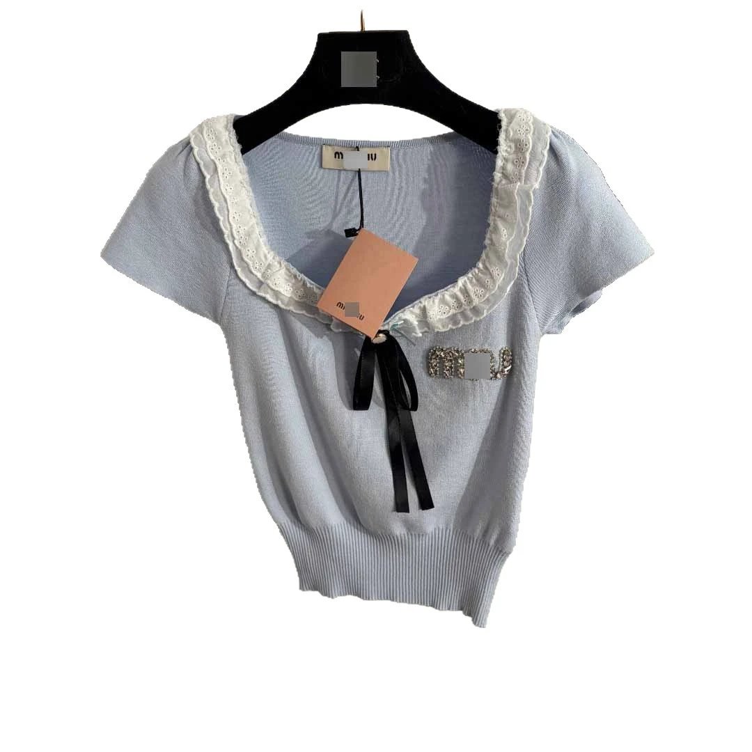 Miu Knitwear Short-Sleeve Lace-Trim Bow Knit Top image 5