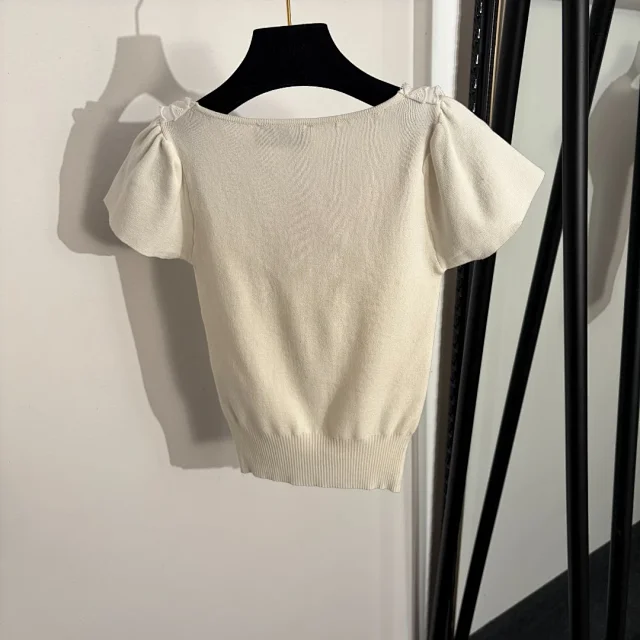 Miu Knitwear Short-Sleeve Lace-Trim Bow Knit Top product detail image 3