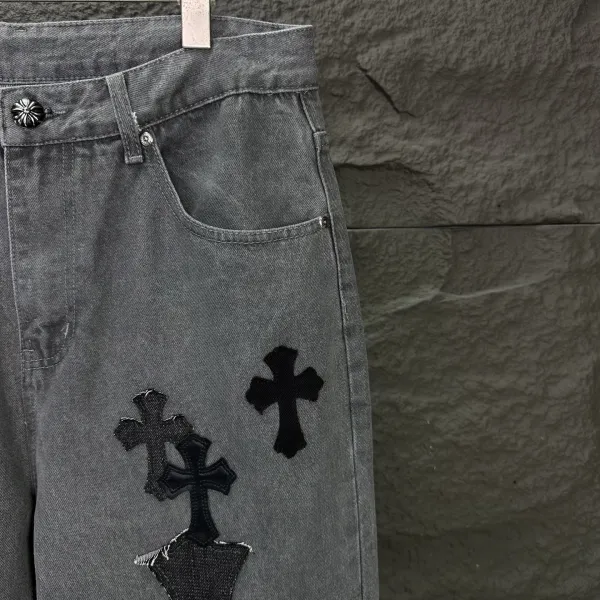 Chrome Hearts Cross-Embroidered Distressed Gray Jeans - 8