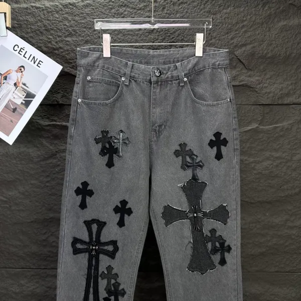 Chrome Hearts Cross-Embroidered Distressed Gray Jeans - 9