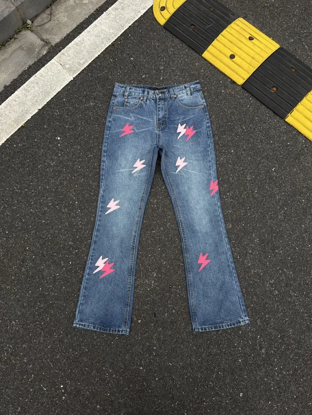 Unbranded Jeans Washed denim with lightning bolt graphics product detail image 3