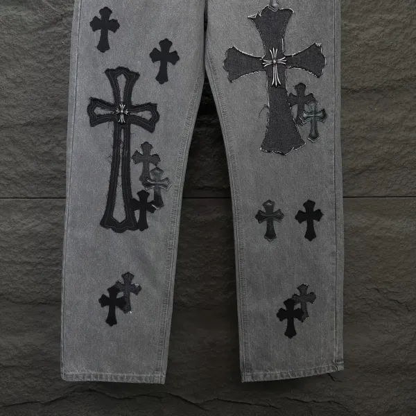 Chrome Hearts Cross-Embroidered Distressed Gray Jeans - 11