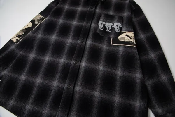 Design Plaid Shirt with Graphic Patches Black / Gray - 6