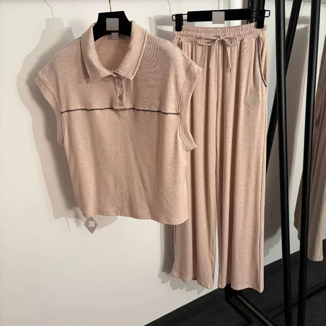 Unbranded Matching Sets Knitted polo top and drawstring wide-leg trousers set product detail image 2