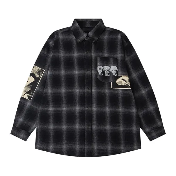 Design Plaid Shirt with Graphic Patches Black / Gray - 4