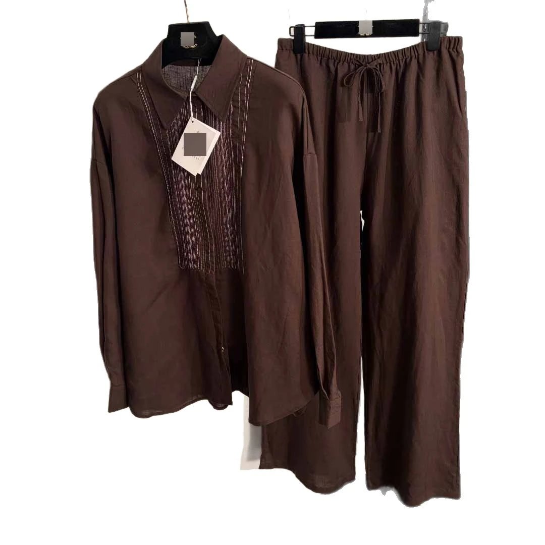 Unbranded Matching Sets Long-Sleeve Collared Shirt and Drawstring Wide-Leg Trousers Set with Beaded Front Panel image 5