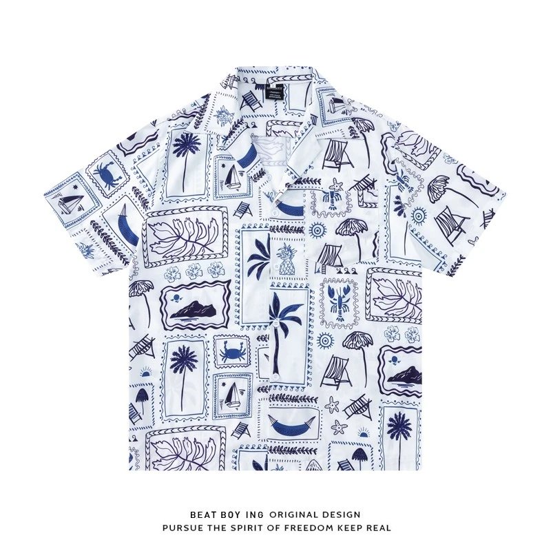 Design Beat Boy Ing Tropical Print Short-Sleeve Shirt White Shirt - 71