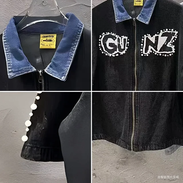 Corteiz Matching Sets Denim zip shirt and shorts set with GUNZ patches pearl trim product detail image 10