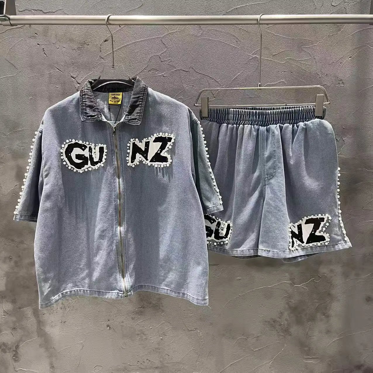 Corteiz Matching Sets Denim zip shirt and shorts set with GUNZ patches pearl trim image 2