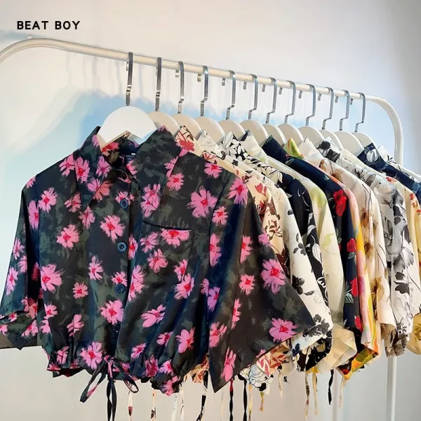 Design Beat Boy Ing Floral Print Cropped Shirt Beige Tops Shirt - 5