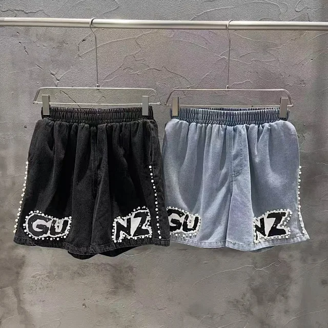 Corteiz Matching Sets Denim zip shirt and shorts set with GUNZ patches pearl trim product detail image 4