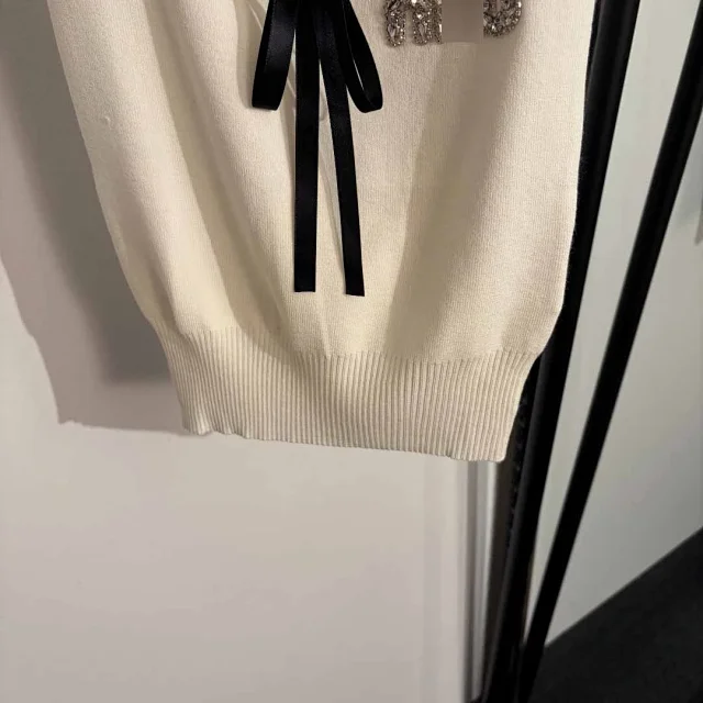 Miu Knitwear Short-Sleeve Lace-Trim Bow Knit Top product detail image 5