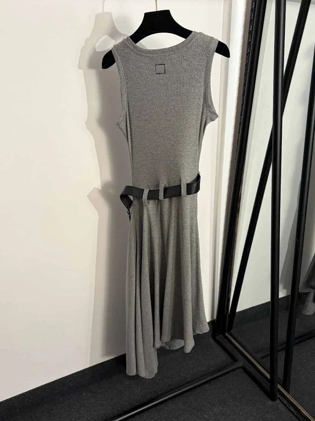 Unbranded Dresses Sleeveless ribbed dress with side belt and draped asymmetric hem product detail image 3
