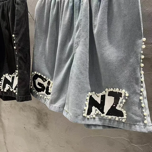 Corteiz Matching Sets Denim zip shirt and shorts set with GUNZ patches pearl trim product detail image 7