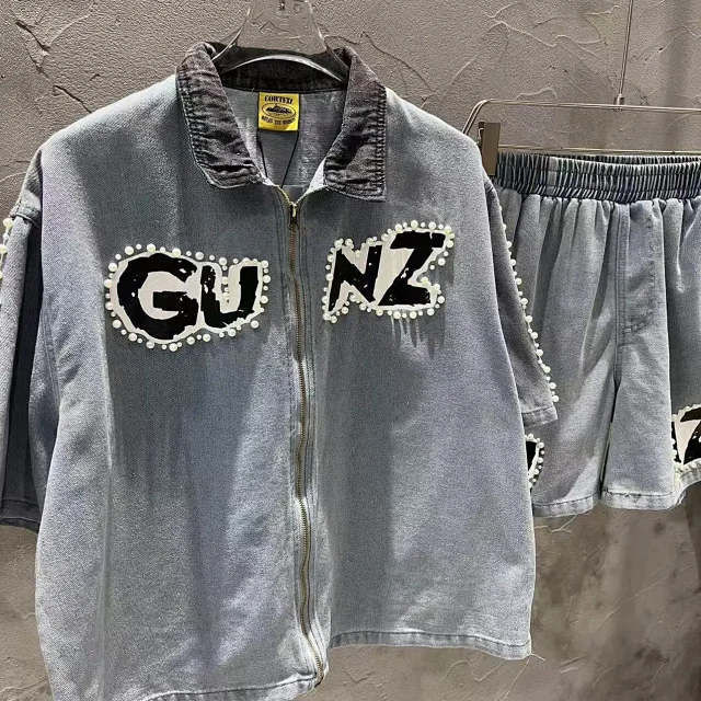 Corteiz Matching Sets Denim zip shirt and shorts set with GUNZ patches pearl trim product detail image 6