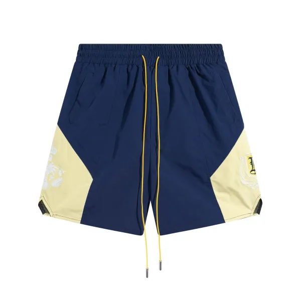 Design Panelled Shorts with Embroidered Crest in Navy and Beige - 6