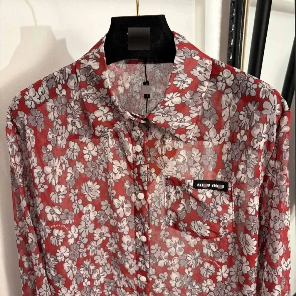 Design Floral Print Sheer Shirt Red Multicolor Tops Shirt - 5