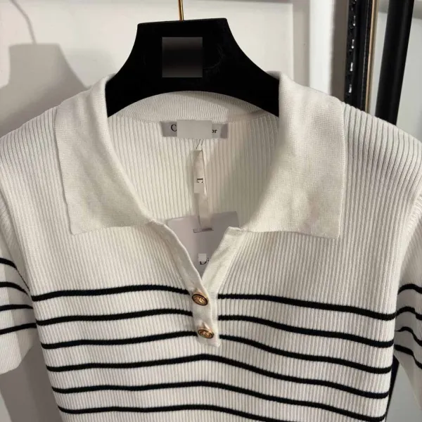 Dior Striped Ribbed Knit Polo White / Black Polo Shirt - 5