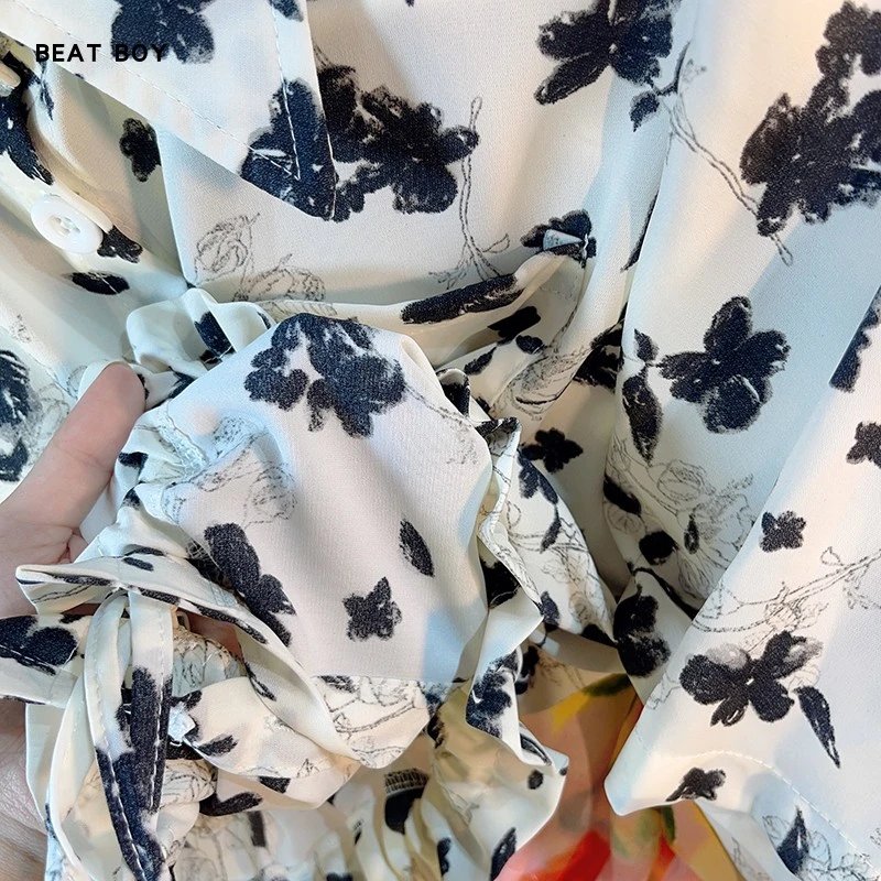 Design Beat Boy Ing Floral Print Cropped Shirt White Tops Shirt - 17