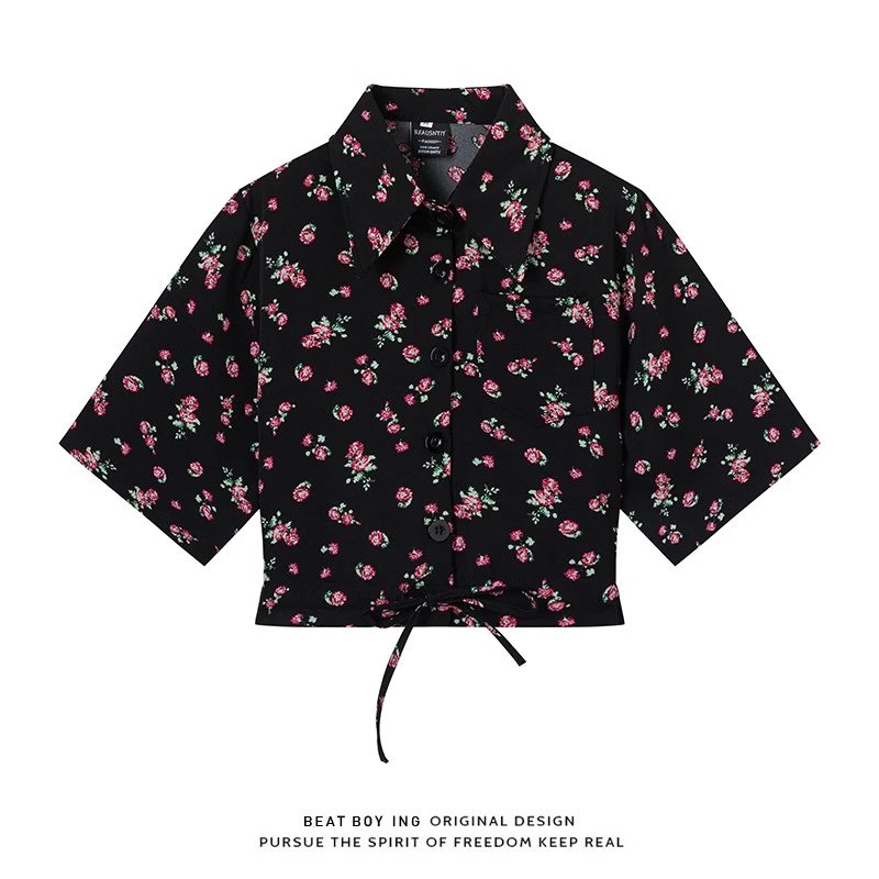 Design Beat Boy Ing Floral Print Cropped Shirt White Tops Shirt - 21