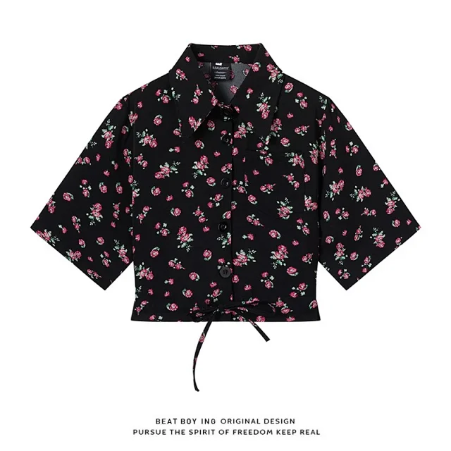Unbranded Shirts Floral Print Short-Sleeve Drawstring-Hem Shirt product detail image 20