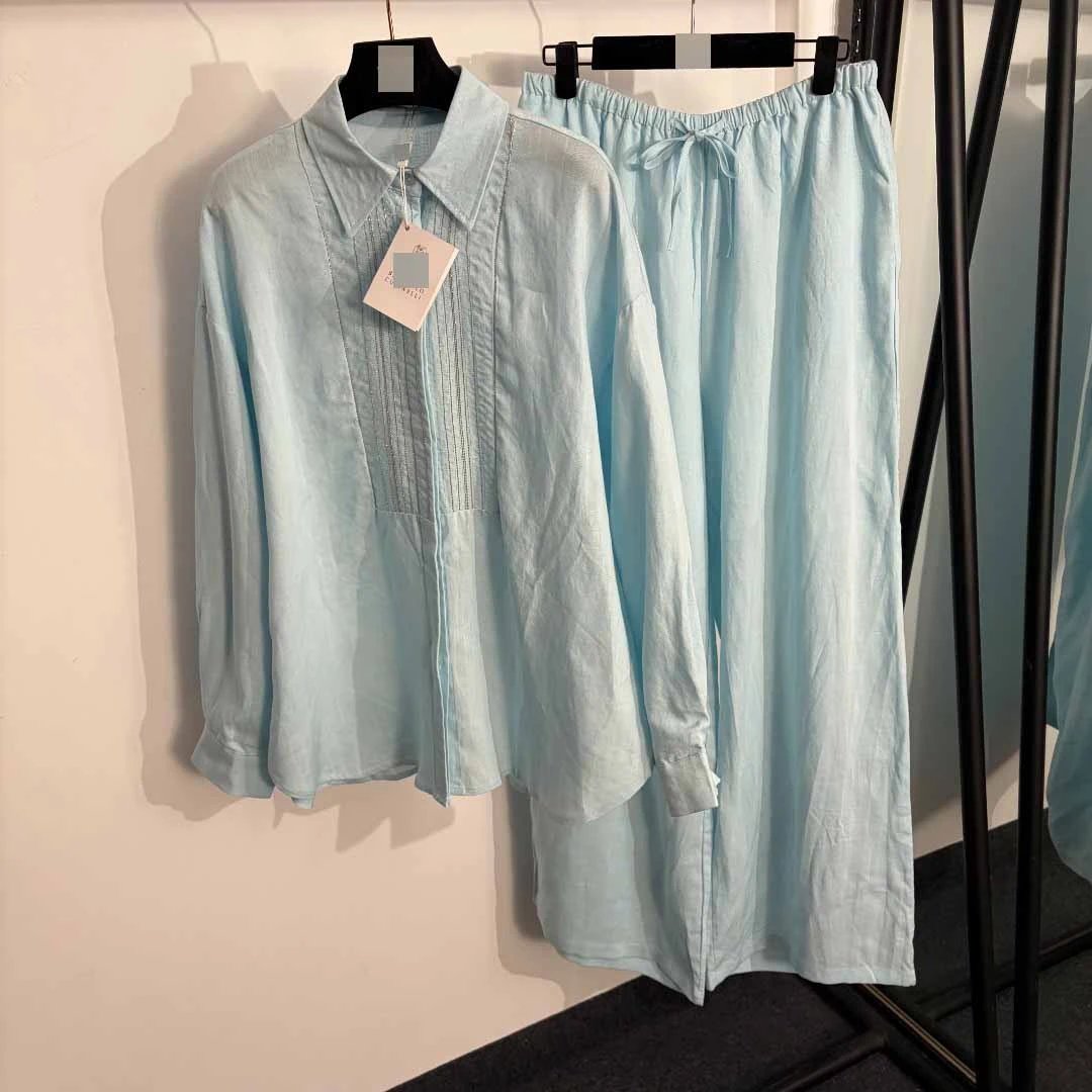 Unbranded Matching Sets Long-Sleeve Collared Shirt and Drawstring Wide-Leg Trousers Set with Beaded Front Panel image 2