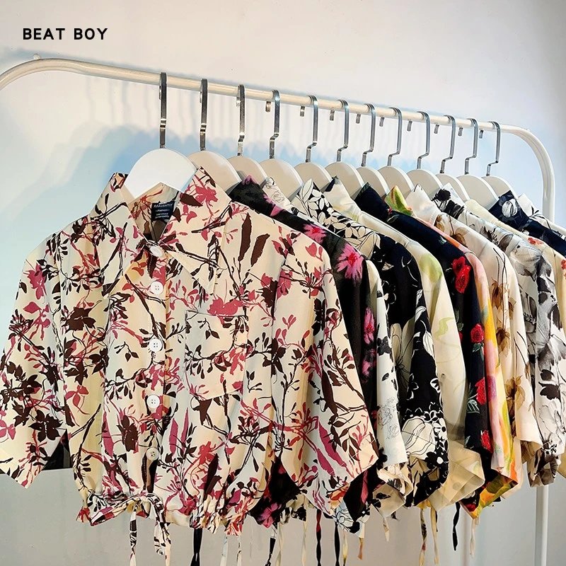 Design Beat Boy Ing Floral Print Cropped Shirt Beige Tops Shirt - 4