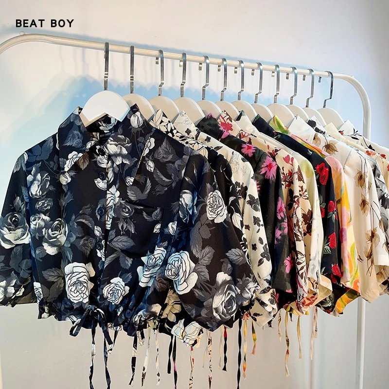 Design Beat Boy Ing Floral Print Cropped Shirt White Tops Shirt - 12
