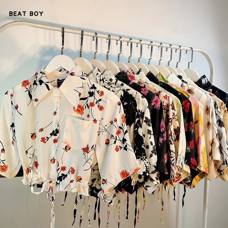 Design Beat Boy Ing Floral Print Cropped Shirt White Tops Shirt - 14