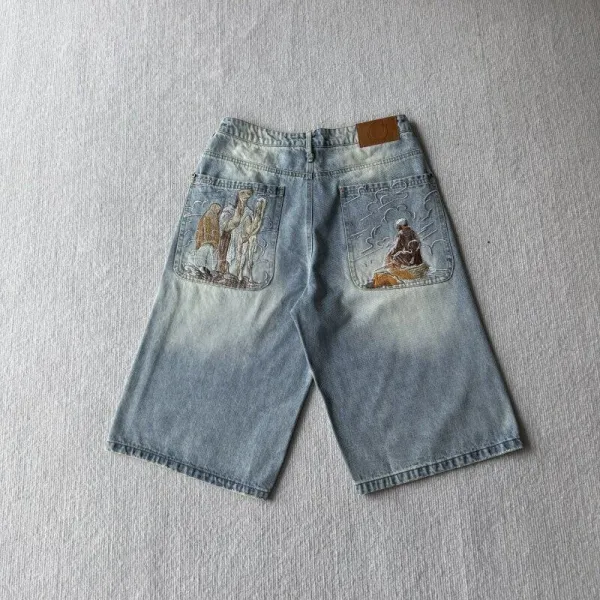 Design Embroidered Cherry Blossom Denim Shorts Black - 5