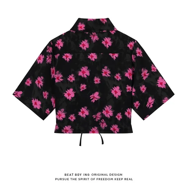 Design Beat Boy Ing Floral Print Cropped Shirt Beige Tops Shirt - 20