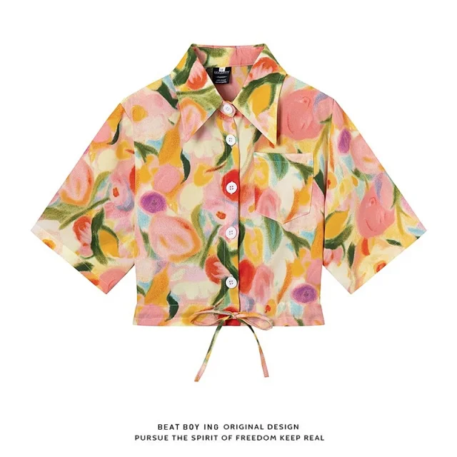 Unbranded Shirts Floral Print Short-Sleeve Drawstring-Hem Shirt product detail image 28