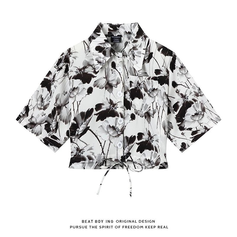 Design Beat Boy Ing Floral Print Cropped Shirt White Tops Shirt - 33