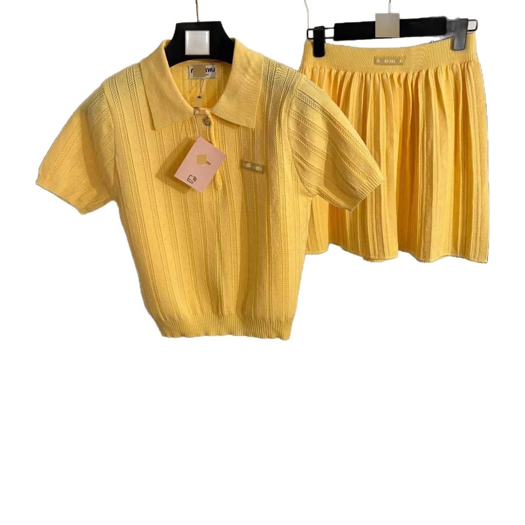 Miu Matching Sets Short-Sleeve Collared Knit Top and Pleated Skirt Set image 5