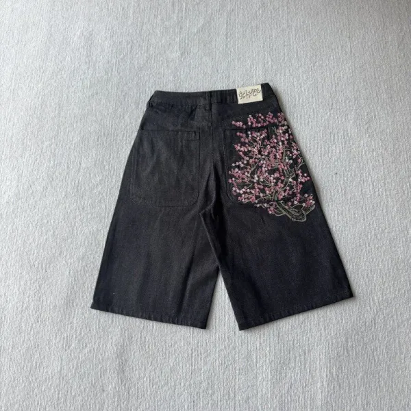 Design Embroidered Cherry Blossom Denim Shorts Black - 13