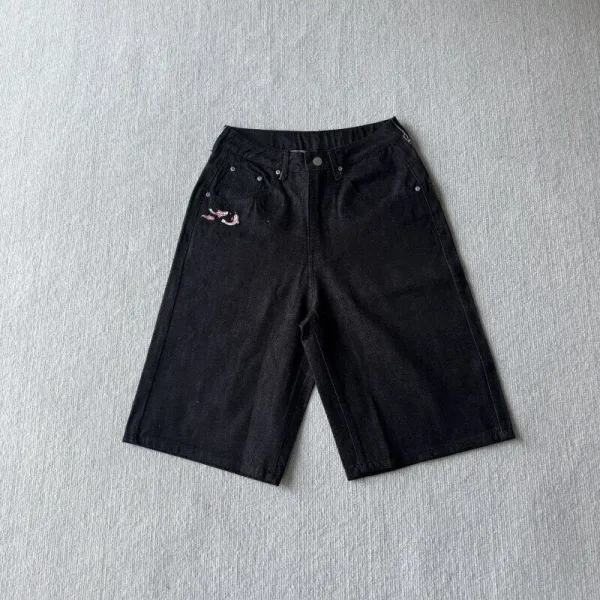 Design Embroidered Cherry Blossom Denim Shorts Black - 20