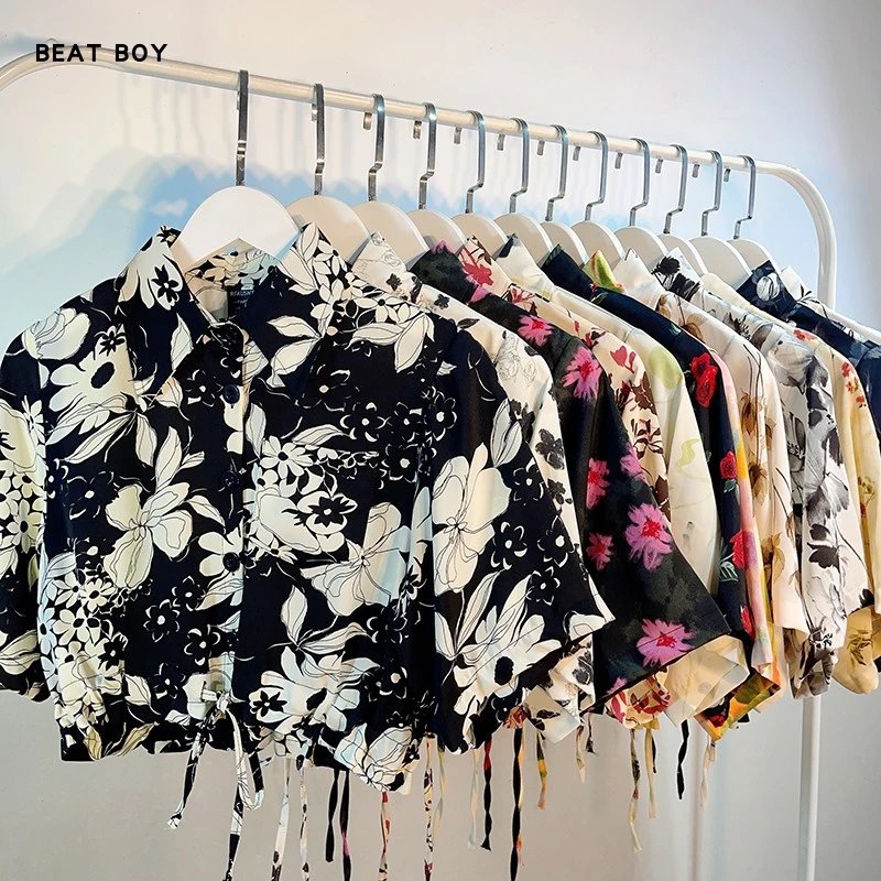 Design Beat Boy Ing Floral Print Cropped Shirt Beige Tops Shirt - 7