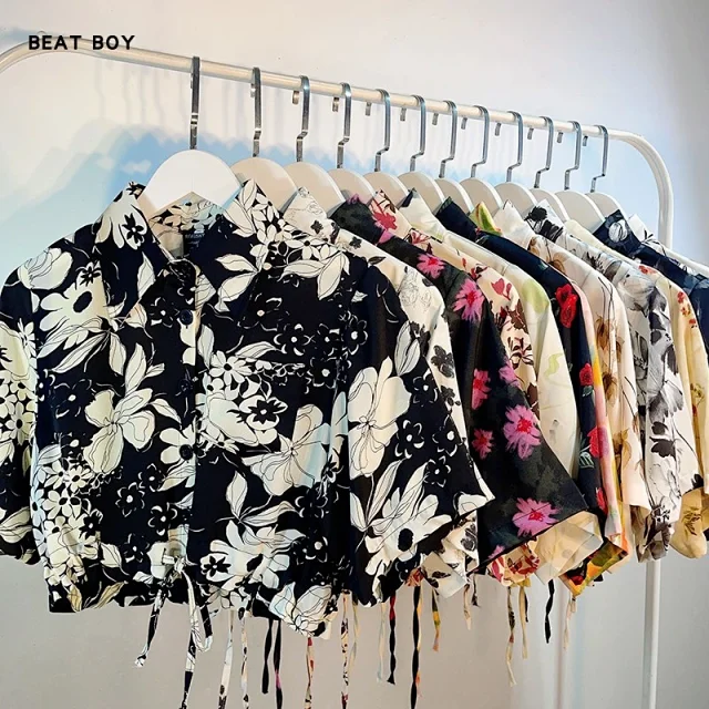 Unbranded Shirts Floral Print Short-Sleeve Drawstring-Hem Shirt product detail image 6