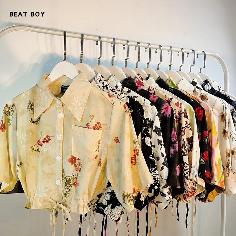 Design Beat Boy Ing Floral Print Cropped Shirt White Tops Shirt - 11