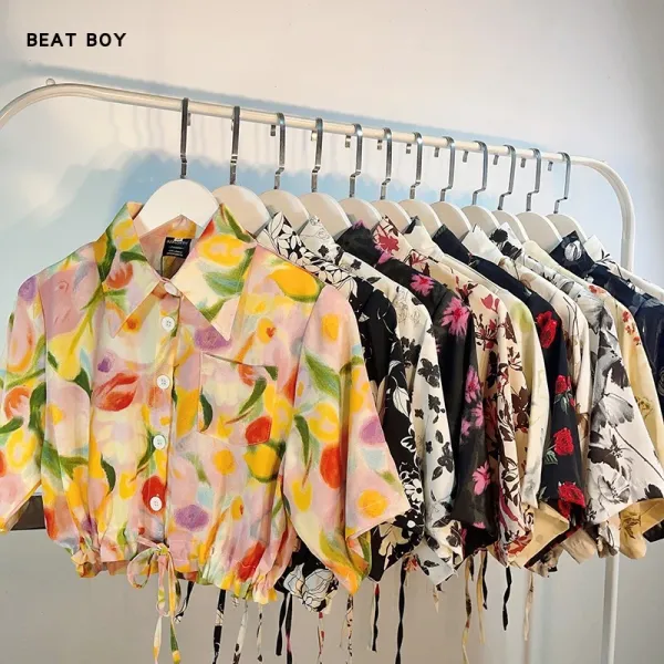 Design Beat Boy Ing Floral Print Cropped Shirt Beige Tops Shirt - 3