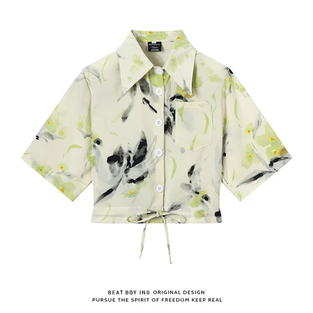 Unbranded Shirts Floral Print Short-Sleeve Drawstring-Hem Shirt product detail image 31