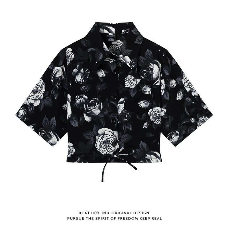 Design Beat Boy Ing Floral Print Cropped Shirt Beige Tops Shirt - 25